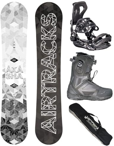 AIRTRACKS Snowboard Set Paquete Completo Tabla Akasha Wide Hybrid Rocker Hombre 157 - Fijaciones Master - Botas Master Pro Dual ATOP 41 - SB Bag