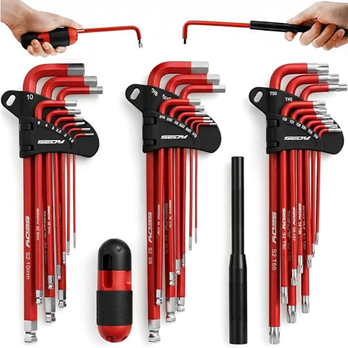 SEDY 30-Piece Long Arm Ball End L-Hex & Torx Key Set with Grip Handle, Ultimate Hex Key Wrench Set with T-Handle and Extension Bars, SAE 1/16 to 3/8, Metric 1.5mm to 10mm, Torx T10 to T50