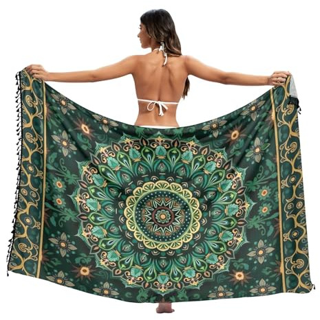 RPLIFE Mandala Skog Grön Sarong Täckning Tofs Strand Sarong Wraps Kvinnor, Stor, Mandala skog grön, L