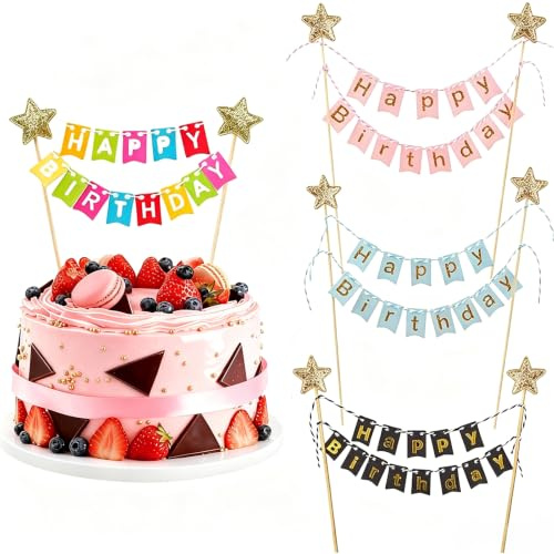 4 Stück Cake Topper Banner,Wimpelketten Happy Birthday Tortenstecker Set | Mehrfarbig,Happy Birthday Tortendeko,Kuchen Dekoration zum Jungen Mädchen Geburtstagsfeier