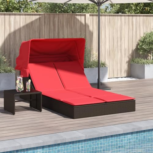 Mandloder Doppelte Sonnenliege mit Baldachin und Kissen, braunem Polyrattan, verstellbare Gartenliege für Terrasse, Relaxliege, wetterfeste Strandliege, Bequeme Chaiselongue für Outdoor