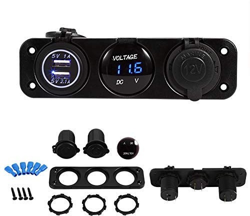 Keenso Auto USB Ladegerät Panel, Auto Wasserdicht Dual USB Ladegerät + Blaue LED-Voltmeter + Zigarettenanzünder Loch Universell für 12V und 24V Marine, Motorräder, Wohnwagen, ATV, LKW
