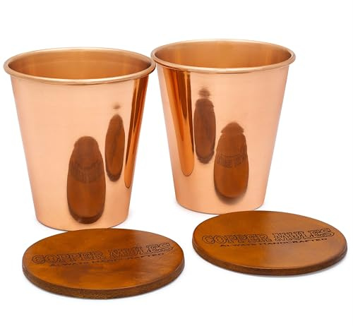 Pure Copper Tumbler Set of 2, Handcrafted Super Heavy Weight Drinking Cups (14 oz), Raw Interior for Ayurvedic Health, EasyCare Exterior, Includes 2 Top Grain Leather Coasters