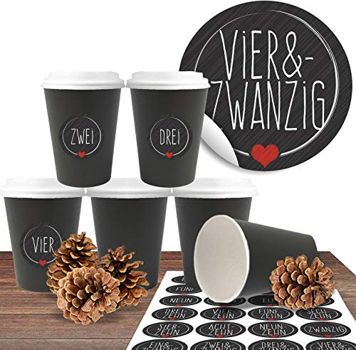 Adventskalender zum befüllen und basteln mit 24 Coffee-to-Go-Bechern (100% biologisch abbaubar) „Premium Schwarz“ inkl. 24 Zahlenaufkleber „Schick und Schwarz“