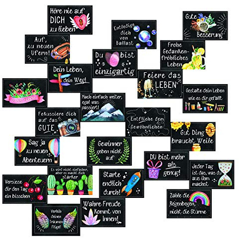 Spruchkarten-Set, 24 Stück: Kleine Motivationskarten, Glückskarten mit Sprüchen für jeden Tag, Karten, Sprüche Motivation, Affirmationskarten, Glücksbotschaften, Geschenk Achtsamkeit, 8,5 x 5,5 cm