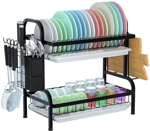 Astoryou Abtropfgestell Geschirr Schwarz Edelstahl, 2-stufiges Geschirrabtropfgestell, Abtropfständer mit Utensilienhalter und Dish Drying Rack Drainer für Trockne die Spüle (42 * 23 * 41 cm)