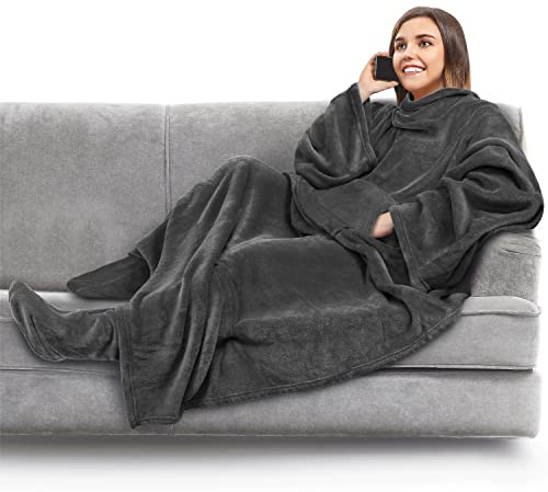 PAVILIA Manta polar con mangas y bolsillos para los pies para adultos, manta de peluche, vestido cálido y acogedor, regalo cómodo para esposa, mamá, gris oscuro