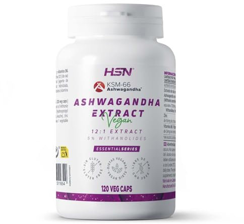 HSN Ashwagandha KSM-66 600mg (30mg Withanólidos) | 120 Cápsulas | Equivalencia 7200 mg de Raíz Withania somnifera por Dosis Diaria | Extracto 12x Veces Más Concentrado | No-GMO, Vegano, Sin Gluten