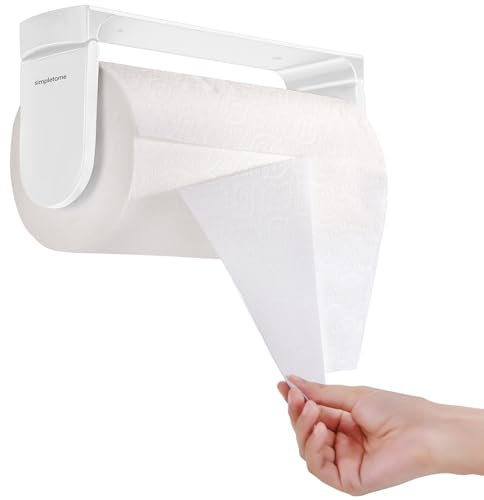simpletome ONE HAND TEAR Paper Towel Holder Under Cabinet Adhesive or Drilling Installation Aluminum Alloy + ABS (White)
