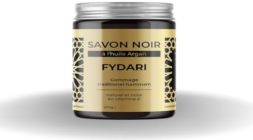 Savon Noir Marocain Fydari (Savon Beldi - Huile d'Argan) - Savon hydratant naturel à base d'olive, exfoliant pour le corps, pur et naturel, nettoyant pour le traitement traditionnel au Hammam - 200gr.