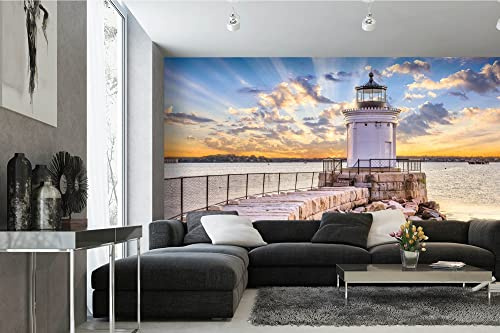 Vlies Fototapete SONNENAUFGANG AM LEUCHTTURM 375 x 250 cm (inkl. Kleister) - Vlies Tapete, Wandtapete, Wandbilder - Tapete für Wohnzimmer Schlafzimmer, Büro, Küche - Montagefertig