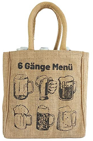 Domelo Jute Flaschentasche. Geschenke für Männer. Bierträger/Flaschenträger mit Trennwänden für 6 Flaschen. kleine Einkaufskorb. Lustige witzige Bier Männerhandtasche (natur/ 6 Gänge Menü)