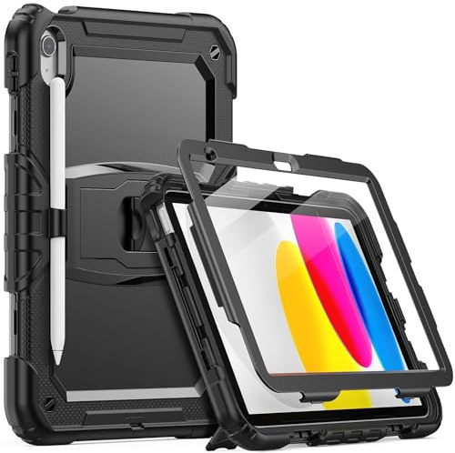 SEYMCY for iPad (A16) 11th/10th Generation Case 11/10.9 Inch 2025/2022 | Full-body Shockproof Protection with Screen Protector, Built-in Folding Stand, Pencil Holder for iPad 11/10 Case, Black
