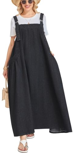 EXPOING Women's Denim Dress Wide Maxi Length Adjustable Straps Wide Hem
