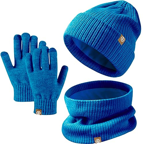 Enwokran Kids Winter Hat Scarf Gloves Set - Warm Thermal Knitted Beanie Cap Snood Neck Warmer Touchscreen Mitten Soft Fleece Lining Elastic for Children Aged 5-12 Outdoor Sports (Blue)