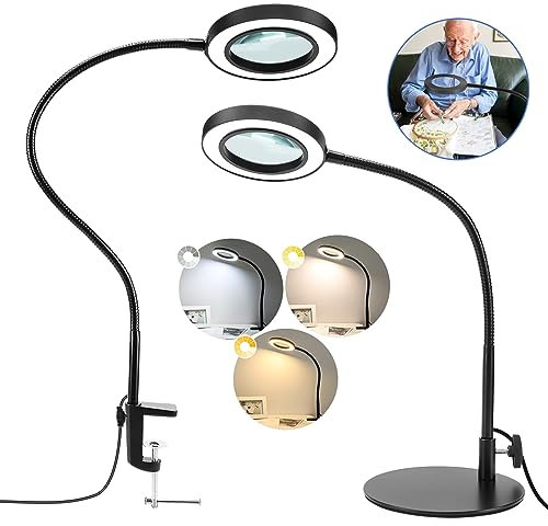 Loupe avec lumière et Support, Tobegiga Lampe de Bureau à col de Cygne Flexible 2-en-1 avec Pince, 3 Modes de Couleur, Loupe éclairée réglable en continu, Mains Libres pour l'artisanat, la Peinture