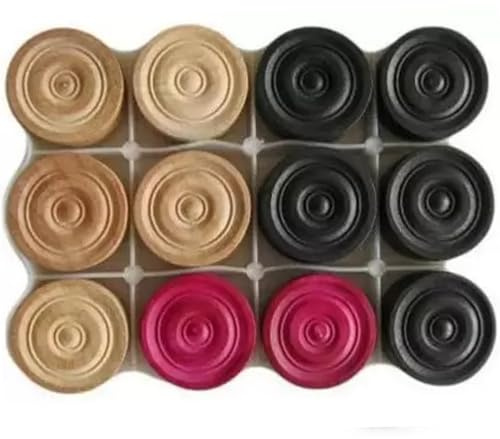 Carrom Coin Set 24 Stück - Professionelle Spielsteine für Carrom Solides Holz | Turnierqualität Carrom Board Holzmünzen, Schwarz, Weiß & Queen Glatte Oberfläche mit Kajal Sticker