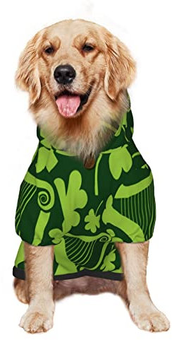 Großer Hunde-Kapuzenpullover, grüne irische Harfen, Kleeblätter, Haustierkleidung, Pullover mit Mütze, weicher Katzen-Outfit-Mantel, Größe M
