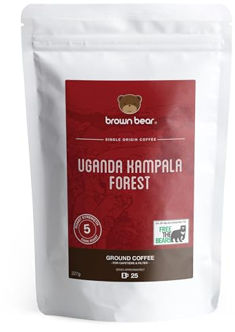 Uganda Ground Coffee 227g - Very Strong Dark Roast Ugandan Robusta Coffee - Uganda Kampala Forest - Brown Bear - For Cafetiere French Press V60 Filter - Strength 5 - Donation to Free The Bears