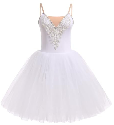 IDOPIP Women's Ballet Tutu Skirt Embroidery Lace Sparkling Sequins Swan Lake Costume Sleeveless Leotard Dance Dress