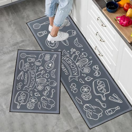 Fecialy Küchenteppiche 2 Stück, Teppichläufer Küchenläufer rutschfest Waschbar,Anti-Müdigkeit Küchenteppich Teppich,40x60+40x120cm Bodenmatte, Carpet für Badezimmer/Wohnzimmer Flur