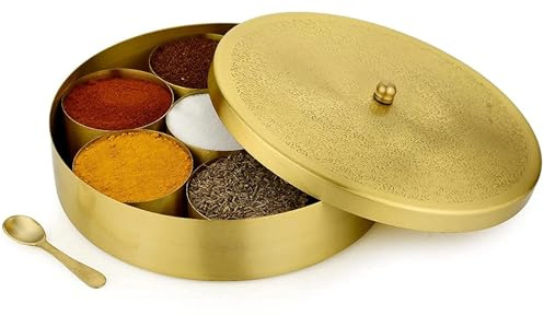 Grainex Brass Indian Spice Box | Round Masala Canister with Embossed Lid | 7 Containers and 1 Designer Spoon, Spice Box Organizer
