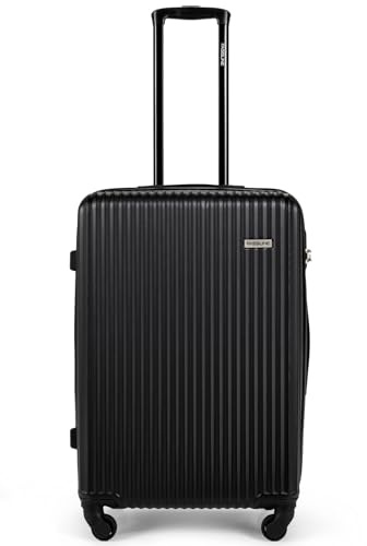 FASSLINE Reisekoffer Mittelgroß 66x46x25 cm 64l, Reisegepäck, Hartschale aus ABS, Vier 360°-Spinner-Rollen, Zahlenschloss, Teleskopgriff, Größe L, Hartschalen-Koffer Trolley Rollkoffer, Schwarz