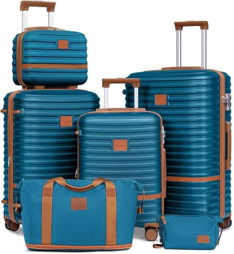 Joyway Kofferset Reisekoffer Set 6tlg Hartschale mit Beautycase Kosmetikkoffe mit 4 Rollen und TSA-Schloss Der Gepäcksets Enthält 1 Reisetasche und 1 Kulturbeutel Blau