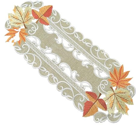 Tischläufer Tischdecke Mitteldecke Deckchen Leinen-Optik Herbst Blätter Grün (ca. 22x55 cm oval)