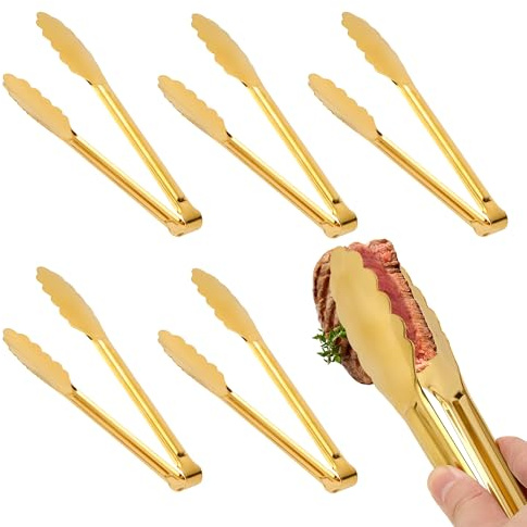 5 Pack Gold Serving Tongs Salad Tongs 9 Inch Buffet Tongs Stainless Steel Food Tong Serving Utensils for Buffet Wedding Party Catering (9 Inch, Gold)