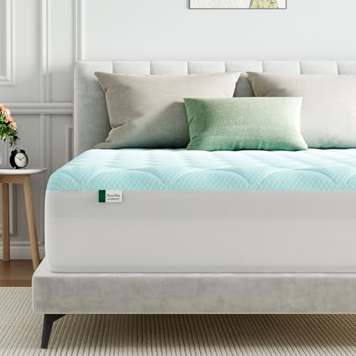 Novilla Sobrecolchón Refrescante de Fibra 150x190cm Agradable a la Piel, Grosor de 3cm, Refrigeración de Dos Fases, Cubre Colchón Transpirable con Bolsillo Profundo Elástico, Azul/Blanco