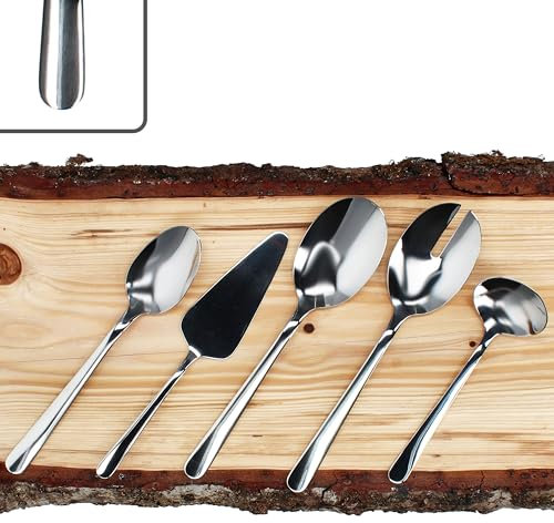 MamboCat Style Art Lot de 5 couverts - 1 pelle à tarte, 2 couverts à salade, cuillères de service et cuillères à sauce - Accessoires de couverts - Design doux et arrondi - Acier inoxydable 18/10
