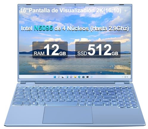 Ordenador Portátil 16 Pulgadas 12GB RAM+512GB SSD Expansión 1TB, Portátil Celeron N5095 Up to 2.9Ghz Win 11 Pro 5G WiFi , BT 4.2 Mini Puerto Multimedia Portatiles Ventilador Refrigeración 1920P-Blue