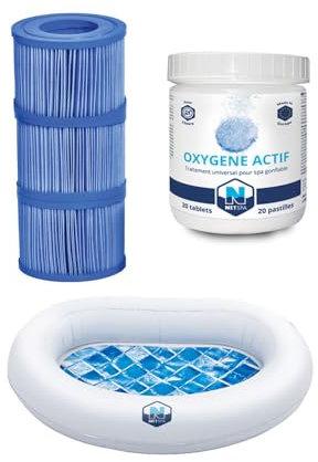 NETSPA Spa-Pflege-Set, 3 Filterkartuschen + 20 Tabletten mit Aktivsauerstoff + Kopfstütze/Getränkehalter, kompatibel mit allen aufblasbaren Whirlpools