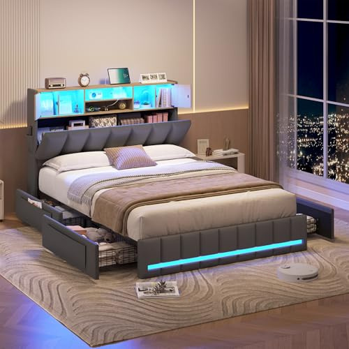 KIMENICH Bett 140x200 cm, Doppelbettgestell, Bett mit LED-Beleuchtung, Polsterbett, 4 Schubladen, Ladestation, Metallrahmen & Holzkopfteil mit Stauraum, für Schlafzimmer, Gästezimmer, Grau