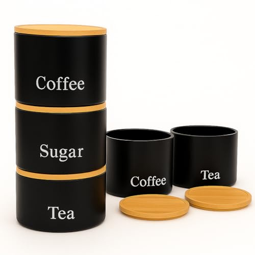 Trendi Set of 3 Tea, Coffee & Sugar Stackable Airtight Canisters- Black Storage Jars with Bamboo Lids – Easy to Open, Labelled Containers for Organized Kitchen Storage