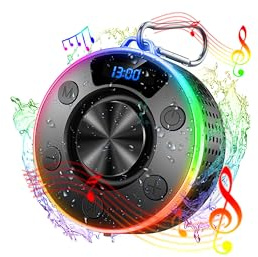 Bluetooth Shower Speaker, Portable Bluetooth 5.4 Speaker with 10Hrs 360° Sound Stereo Bass, 2025 IPX7 Waterproof with RGB Lights and Time Display, Mini Speaker for Bathroom, Outdoor, Party, Travel