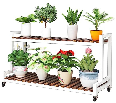 Scaffale a scaletta in metallo a 2 e 3 ripiani, in legno, salvaspazio, per interni ed esterni, decorazione da giardino, larghezza 80-120 cm, facile da spostare