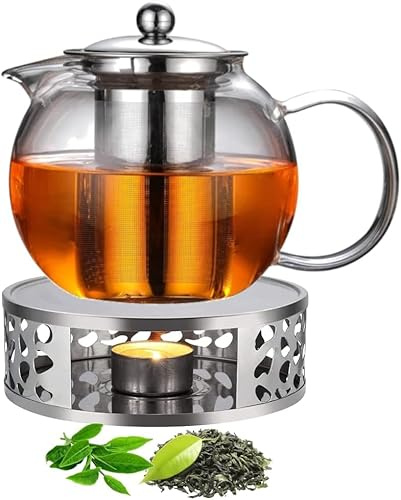 DASIAUTOEM Teekanne mit Stövchen, Teekanne Stövchen Set mit Abnehmbarem Siebeinsatz 1300ML Stövchen Edelstahl, Glasteekanne Borosilikatglas Set mit Edelstahl Sieb für Tee Blütentee Fruchttee Teebeutel
