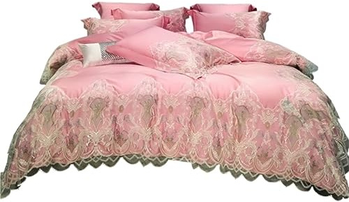JYHHGDS Set di piumoni Queen in Cotone, Set di Quattro Pezzi in Raso, Set di Lenzuola morbide e Delicate sulla Pelle, Set di Biancheria da Letto Completa e Morbida (Rosa, Letto da 1,5/1,8 m)