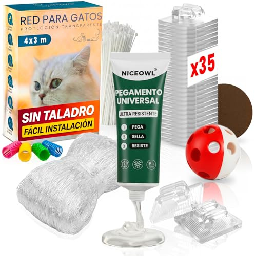 NICEOWL® Red para Gatos Terraza SIN Taladro | 4x3 Metros | Transparente | 35 Ganchos + Pegamento ExtraFuerte | Malla Resistente y Duradera I Red Gatos Terraza, Balcon, Ventanas y Puertas