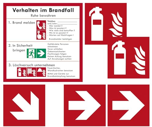 Brandschutzzeichen-Paket - Verhalten im Brandfall + 2x Feuerlöscher + Richtungspfeile rechts/links + Richtungspfeil Treppe ISO 7010 Folienaufkleber