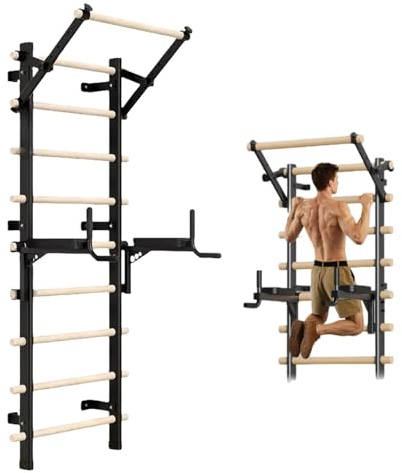 Échelle suédoise murale Gym – Entraîneur de suspension avec barre de traction et fixations de barre de dip, 9 tiges stratégiques pour le fitness à domicile, la physiothérapie et la gymnastique