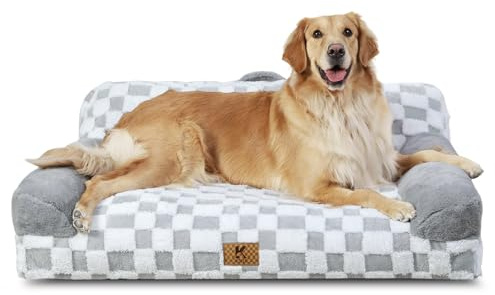 KSIIA Orthopädisches Katzenbett Flauschig 104x69cm, Abnehmbar Katzensofa Hundebett Waschbar, Hundesofa für Groß Hunde mit Rutschfester Unterseite, Hundecouch mit Rückenlehne und Armlehnen, Grau