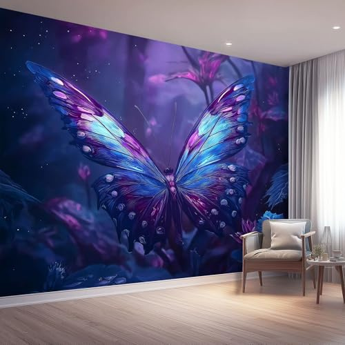 Fantasía Papel Pintado Salon 400 x 280 cm, Morado mariposas selva Fotomurales Tejido No Tejido Papel Tapiz Fotográfico Decorativos Murales Dormitorio Oficina