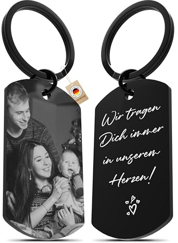 Meinearmbänder® Personalisierter Schlüsselanhänger mit Foto & Gravur – Für Männer, Frauen & Väter – Edelstahl Anhänger, Auto Glücksbringer, Individuelles Erinnerungsstück, ideal zu Weihnachten
