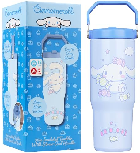 Get Trend Hello Kitty Cinnamoroll Isolerande drycksglas med sugrör och handtag 850 ml, Kawaii isolerad mugg 12 timmar kall och 5 timmar varm, läckageskyddad och BPA-fri sportflaska, för hem eller