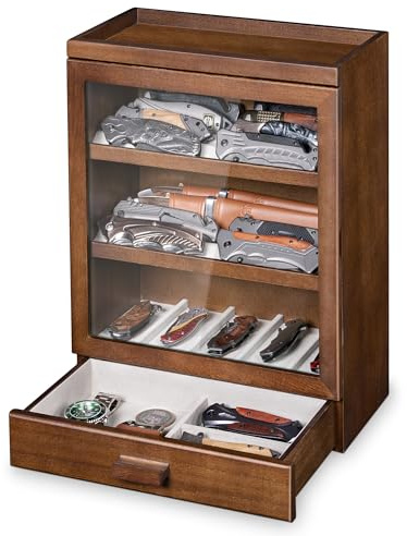 Emfogoo 4 Etagen Messerhalter, Holz Messerständer für 25 Klappmesser, Aufrecht Stehender Dolchschrank mit Transparenter Acrylscheibe, Taschenmesser-Vitrine für Heimdekoration, Männergeschenke(Walnuss)
