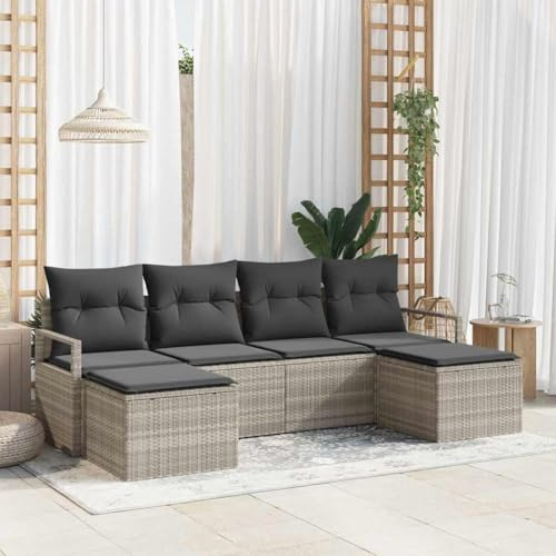 Runheo 6-teiliges Sofa Set Hellgrau Poly-Rattan, Modulares Outdoor Loungesofa mit Kissen für Garten, Terrasse, Balkon