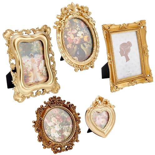 INTERWARM 5 pièce de Tableau Vintage Doré Ensemble de Cadres Photo en Résine Antique 10.2x15.3/12.7x17.8 cadre Doré Antique Petit Cadre Décoratif Mural de Luxe pour Galerie Photo Présentoir Mural